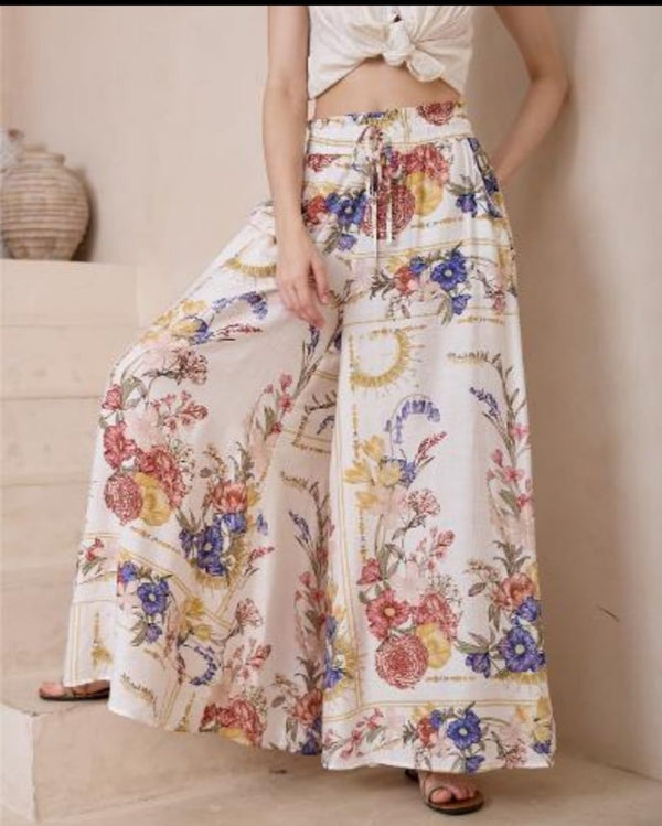 White Floral Wide Leg Pant