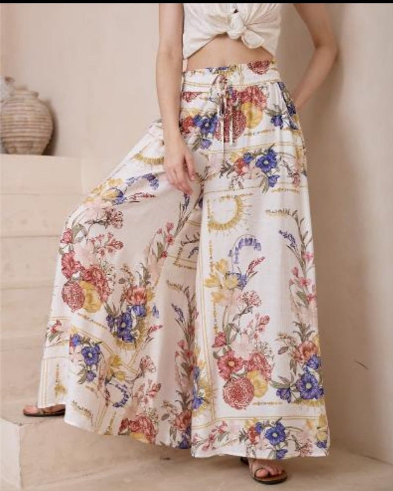 White Floral Wide Leg Pant
