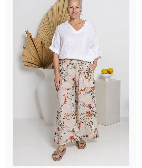 Cream Floral Linen Pants